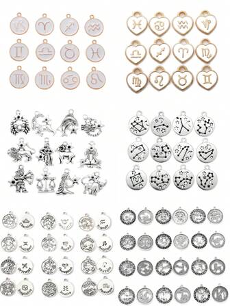 12pcs/Set Vintage Alloy DIY Jewelry Accessories, Includes Heart, Round, Zodiac Sign Pendant, Bracelet, Necklace, Earring Findings Materials