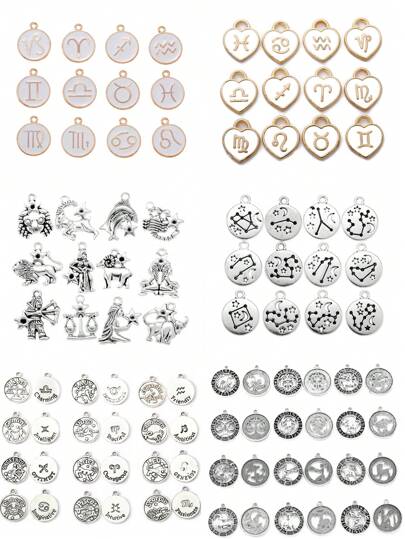 12pcs/Set Vintage Alloy DIY Jewelry Accessories, Includes Heart, Round, Zodiac Sign Pendant, Bracelet, Necklace, Earring Findings Materials