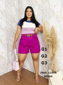 Short Plus Size Social Tailoring With Elegant Belt High Waist - Purple - View 1
