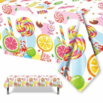1PC, Candy World Tablecloth, Candy Themed Cartoon Party Supplies Birthday Party Decoration, Pink Color Plastic Table Cover, Party Decoration, Home Decor, Party Supplies 51x86.6 Inch