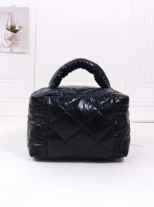 1pc Quilted Shiny Makeup Bag, Feather Down Jacket Material Travel Toiletry Pouch, Solid Color Waterproof Handbag, Birthday & Holiday Gift Makeup Bags Makeup Organizer Make Up Organizer Makeup Storage Makeup Pouch Make Up Pouch - Black - View 5