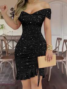 露肩V领性感黑色褶皱荷叶边亮片派对夜店鸡尾酒连衣裙，优雅迷人，适合初秋夏季假期穿着。 - 黑色 - 查看 7