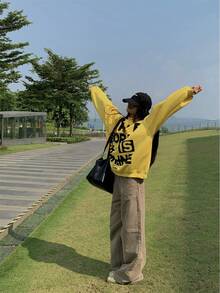 女士口号印花宽松街头风黄色连帽卫衣 - 黃色 - 查看 2