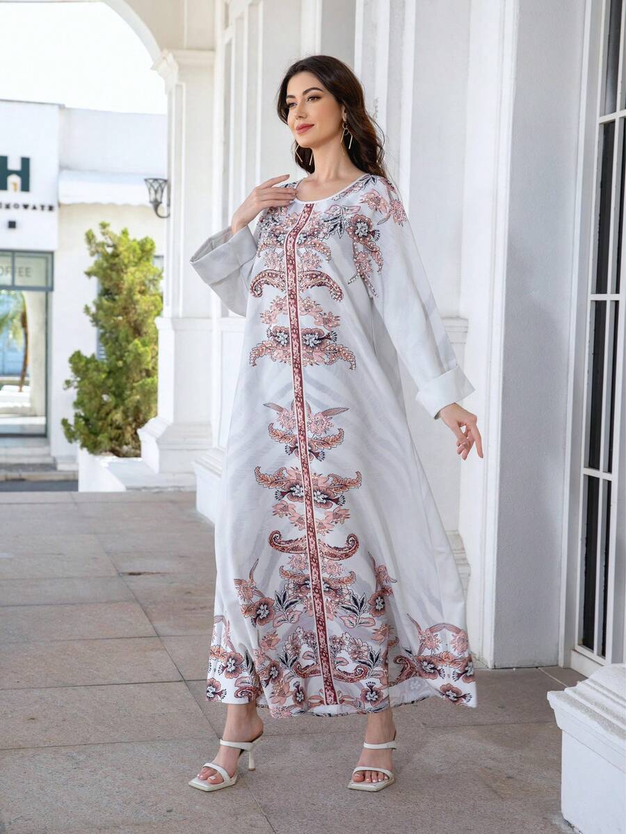 Women's Rhinestone Glitter Floral Print Round Neck Dress, Stretchy Thick Comfortable Fabric, Elegant Arabic Style Jalabiya