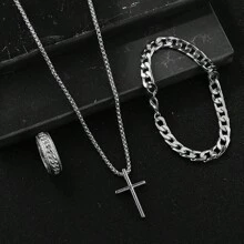 1/2/3pcs Set Men's Stainless Steel Simple Cross Necklace Jewelry Set - Multicolor - View 9