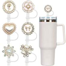 1 st. 40oz 30 oz acryl rietje dop, imitatie parel stof dop, glanzende imitatie parel bont afdekking, cartoon siliconen stof afdekking, beker accessoires, vakantie cadeau, verjaardagscadeau