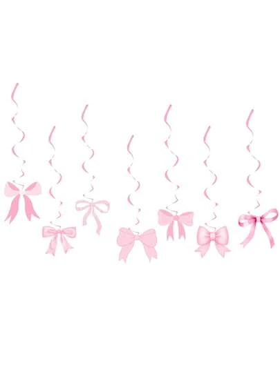 7pcs Pink Bow Party Hanging Swirls Decorations, Bowknot Birthday Party Foil Ceiling Decor For Women Bowknot Bachelorette Wedding Party Decorations,Black Bow Photo Props