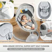 Portable Baby Swings For Infants, Infant Swing With Music Speaker With 3 Seat Positions, 5 Point Harness Belt, 5 Speeds - Grey - View 6