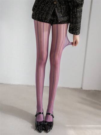1pc Purple Jacquard Weave Pantyhose, Fashionable, Chic, Vertical Striped, Thin, Stylish Tights For Women, Japanese/Korean Style