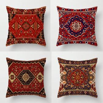 4pcs Pillow Covers Tribe Red And Black Floral Carpet Pattern Throw Pillow Covers Farmhouse Cushion Case Decor For Sofa Couch
