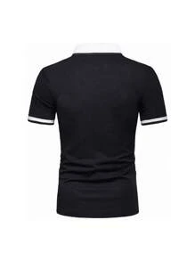 Versión clásica masculina de la camisa polo de manga corta con rayas oblicuas combinación de blanco y negro gris moda casual camisa polo 100% algodón chaqueta masculina de verano - Negro - Ver 4
