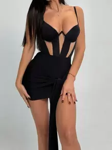 Vestido de Festa Tubinho Sólido com Alças Finas e Recorte, Vestido de Convidada de Casamento - Preto - Visão 1