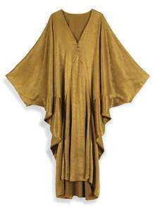 女士时尚优雅阿拉伯风格连衣裙宽松休闲V领蝙蝠袖摩洛哥长袍连衣裙 - 金色 - 查看 3