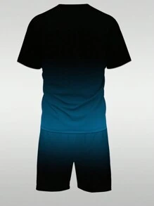 男士巴黎印花短袖T恤和抽绳短裤两件套，休闲运动套装，舒适夏季服装 - 灰色 - 查看 2