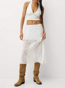 Women Lace Patchwork Long Skirt Floral Sheer Mesh See Through High Waist A-Line Midi Skirt Y2K Summer Elegant Beach Party Maxi Skirts - trắng - Xem 3