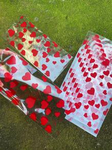 50 件红色爱心“LOVE”印花礼品包装扁平袋，搭配金色丝带领带，情人节心形图案透明礼品包装 OPP 袋，适合情侣/情侣礼物、派对装饰返校情人节 - 紅色 - 查看 3