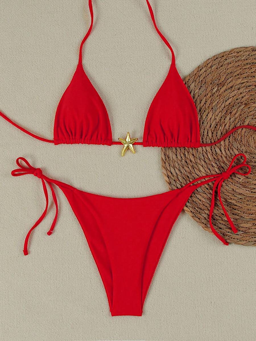 性感纯色海星图案女士比基尼，优雅沙滩泳装，适合春夏假期、海滩度假、派对、日常休闲穿着 - 紅色 - 查看 1