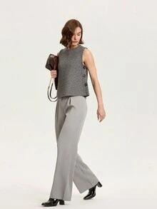 Crew Neck Sleeveless Sweater With Side Button Accent - Grey - View 6