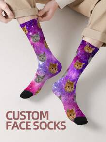 1 Pair Customized Face Women's Mid-Calf Socks, 'Put Any Face On Socks', Photo Printed Sky Cat Personalized Socks, Funny Custom Picture Couple Long Socks, Suitable For Valentine's Day, Birthday Gifts And Other Occasions