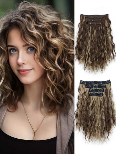 4Pcs Set Women's Water Wave Clip-In Hair Extensions - Natural Look Synthetic Heat Resistant Fiber, Easy Daily Use, Increase Hair Volume, Hair Clips Hair Suitable For All, Multiple Pieces Set ﻿For Women