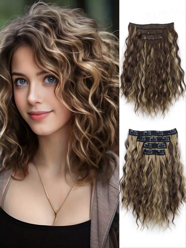 4 Peças Conjunto de Extensões de Cabelo com Clipe Ondas de Água para Mulheres - Fibra Sintética Resistente ao Calor com Aparência Natural, Uso Diário Fácil, Aumenta o Volume do Cabelo, Grampos de Cabelo Adequados para Todos, Conjunto com Múltiplas Peças para Mulheres