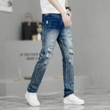 Casual Ripped Straight Leg Jeans For Stylish Teenage Boys - Medium Wash - View 1
