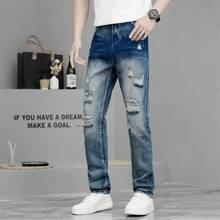 Casual Ripped Straight Leg Jeans For Stylish Teenage Boys - Medium Wash - View 6