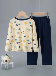 2 Pieces Young Boys Spring/Autumn Lightweight Pajama Set With Cute Bear & Excavator Prints, Long Sleeve Top & Pants - Beige - View 2