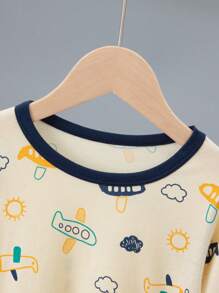 2 Pieces Young Boys Spring/Autumn Lightweight Pajama Set With Cute Bear & Excavator Prints, Long Sleeve Top & Pants - Beige - View 5