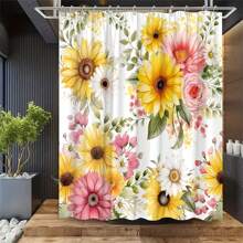 1pc Watercolor Floral Print Shower Curtain, Sunflower Yellow Daisy Flower Shower Curtain, Polyester Fabric Washable Bathroom Curtains, Bathroom Decor With Hooks, Bathroom Accessories Fall Decor Back To School