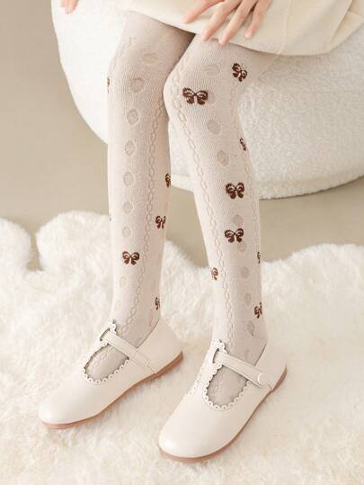 1件儿童秋冬纯色打底裤公主风舞蹈裤学生运动吸汗透气薄款女童连裤袜咖啡色蝴蝶结图案