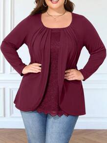 Femmes grande taille T-shirt à manches longues à encolure ronde plissée de couleur unie avec patchwork en dentelle, automne - Rouge foncé - Voir 1