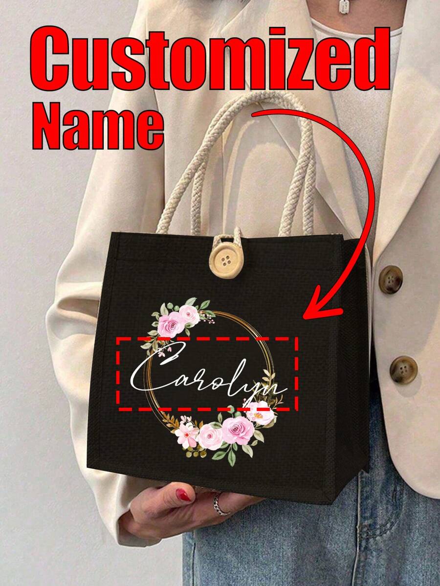 Customized Name Black Linen Tote Bag, Printed With Gold Circular Floral Pattern And Customized Text, Text Can Be Printed In The Middle Of The Pattern, Personalized Tote Bag, Business Casual Style, Travel Bag, Large Tote, Gift For Girlfriend, Boyfriend, Family, Friends, Suitable For Outdoor/Picnic/Travel/Hiking/Sports/Climbing, Business/Commute/Work/Office/Vacation - Black - View 1