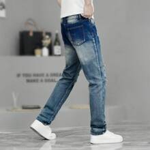 Casual Ripped Straight Leg Jeans For Stylish Teenage Boys - Medium Wash - View 4