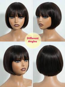 真人发鲍勃假发，带刘海，直发，雷米头发，精灵剪发，女士日常使用，无胶无蕾丝假发，戴上即可出门，全机织假发，深棕色