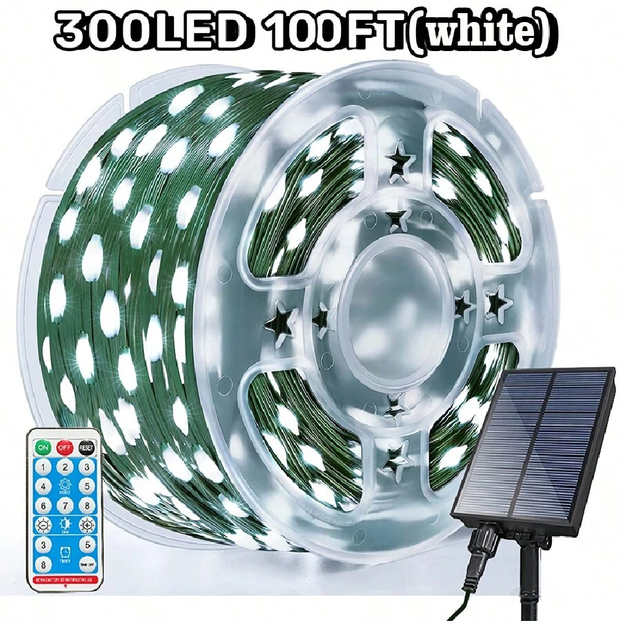1 Set Of 100 Foot/300 LED Outdoor Solar Light Strip, With Remote Control, 8 Modes Of Remote Timer, Automatic On/Off Light Strip, Solar Garden Light, Used For Outdoor Decoration, House Pavilions, Awnings, Swimming Pools, Stairs, Porch