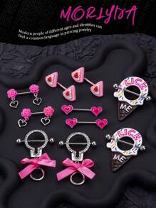 2pcs/Set Sweet Sexy Pink Rose Nipple Rings Stainless Steel Ice Cream Nipple Rings Bow Nipple Stud Ball Wing Heart Nipple Barbell Rings Cake Nipple Piercing Jewelry For Women & Men For Dating Party Christmas Jewelry Valentine Nipple Piercing Jewelry Women Gift Valentine's Day Night Out Social Gatherings Daily Wear Valentines - Multicolor - View 1