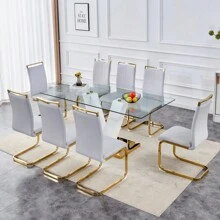 Table And Chair Set.Subtle Luxury Clear Tempered Glass Dining Set - 71"X35.4" With 8 Light Gray PU Chairs.C-Tube Gold Metal Chair Legs.Bring A Comfortable Home Experience To The Kitchen Bedroom.