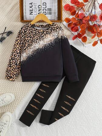 2 delar Tween Girl Set: Leopardtryck Casual Streetwear Rundhalsad långärmad topp och byxor för 2024 höstnyhet