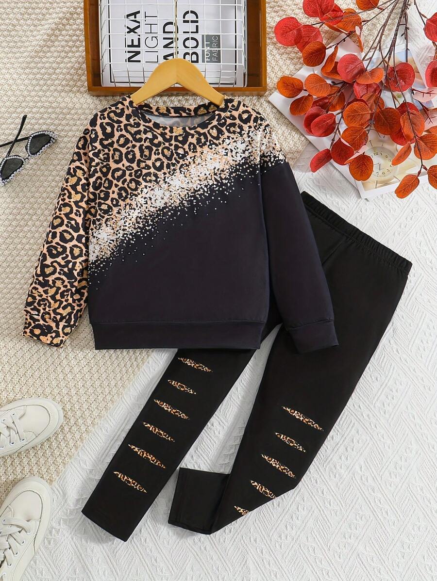 2 Pieces Tween Girl Set: Leopard Print Casual Streetwear Round Neck Long Sleeve Top And Pants For 2024 Autumn New Arrival - Black - View 1