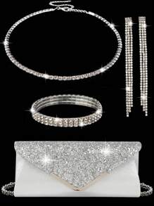 LETODE 4 件水钻首饰 T 闪亮项链耳环手链套装银色闪光优雅信封手拿包女士晚宴新娘婚礼钱包女士舞会带可拆卸金属链适用于婚礼和派对手拿包女士包多功能手提包鸡尾酒会婚礼新款钱包宴会包 - 銀色 - 查看 3