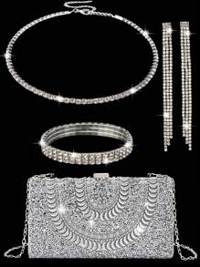 LETODE 4 件水钻首饰 T 闪亮项链耳环手链套装银色闪光优雅信封手拿包女士晚宴新娘婚礼钱包女士舞会带可拆卸金属链适用于婚礼和派对手拿包女士包多功能手提包鸡尾酒会婚礼新款钱包宴会包 - 銀色 - 查看 10