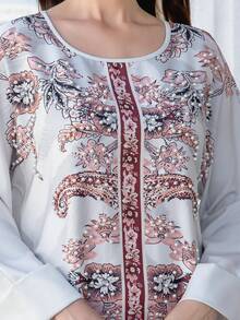 Women's Rhinestone Glitter Floral Print Round Neck Dress, Stretchy Thick Comfortable Fabric, Elegant Arabic Style Jalabiya