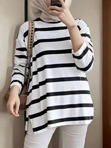 Women's Striped Minimalist Arabic Style Long Sleeve Top, Casual For Everyday Wear,Modest
