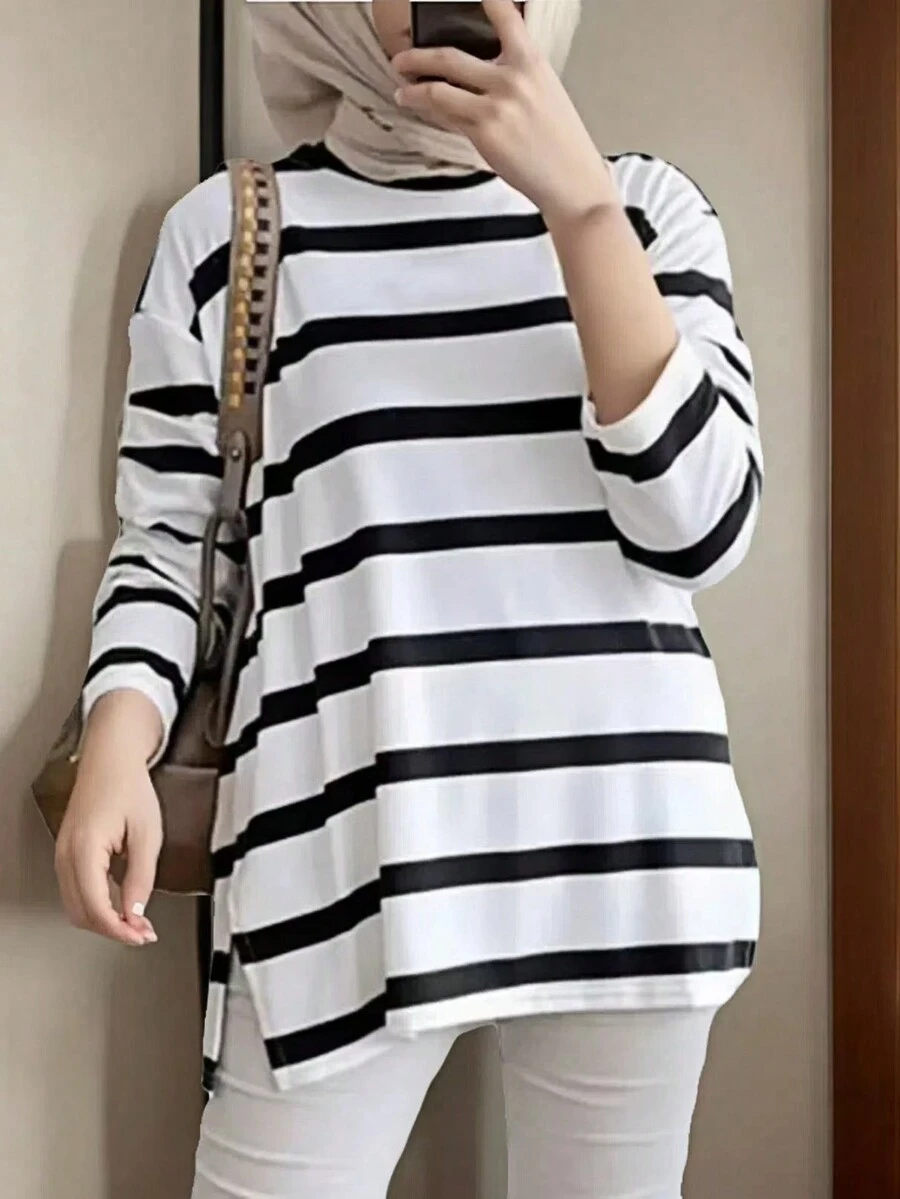 Women's Striped Minimalist Arabic Style Long Sleeve Top, Casual For Everyday Wear,Modest
