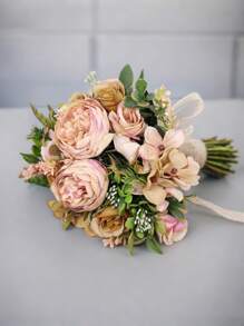 1 件装新娘或伴娘手持花束，配牡丹和玫瑰，逼真优雅浪漫婚礼派对节日装饰礼物花情人节