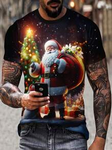 Men's Christmas Graphic Print Round Neck Casual Short Sleeve T-Shirt - Multicolor - View 1