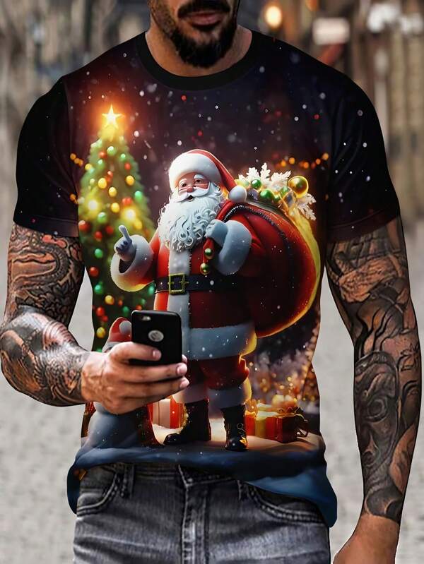 Camiseta casual de manga corta con cuello redondo y estampado gráfico navideño para hombre