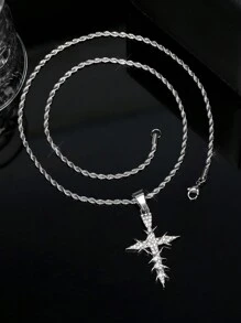 LIGHTSOME 1pc Iced Out Rhinestone Thorn Cross Pendant With Stainless Steel Twist Chain For Men Hip Hop Street Cross Pendant With Rope Chain Jewelry Gift For Couple
