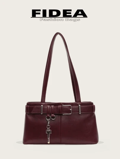 1 件女士时尚纯色简约潮流 PU 手提包，复古风格适合约会、购物、多功能，配有钥匙扣吊坠